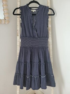 Max Studio Cotton Blend Pinstripe Ruffle Edge Vneck Dress Sz Xs